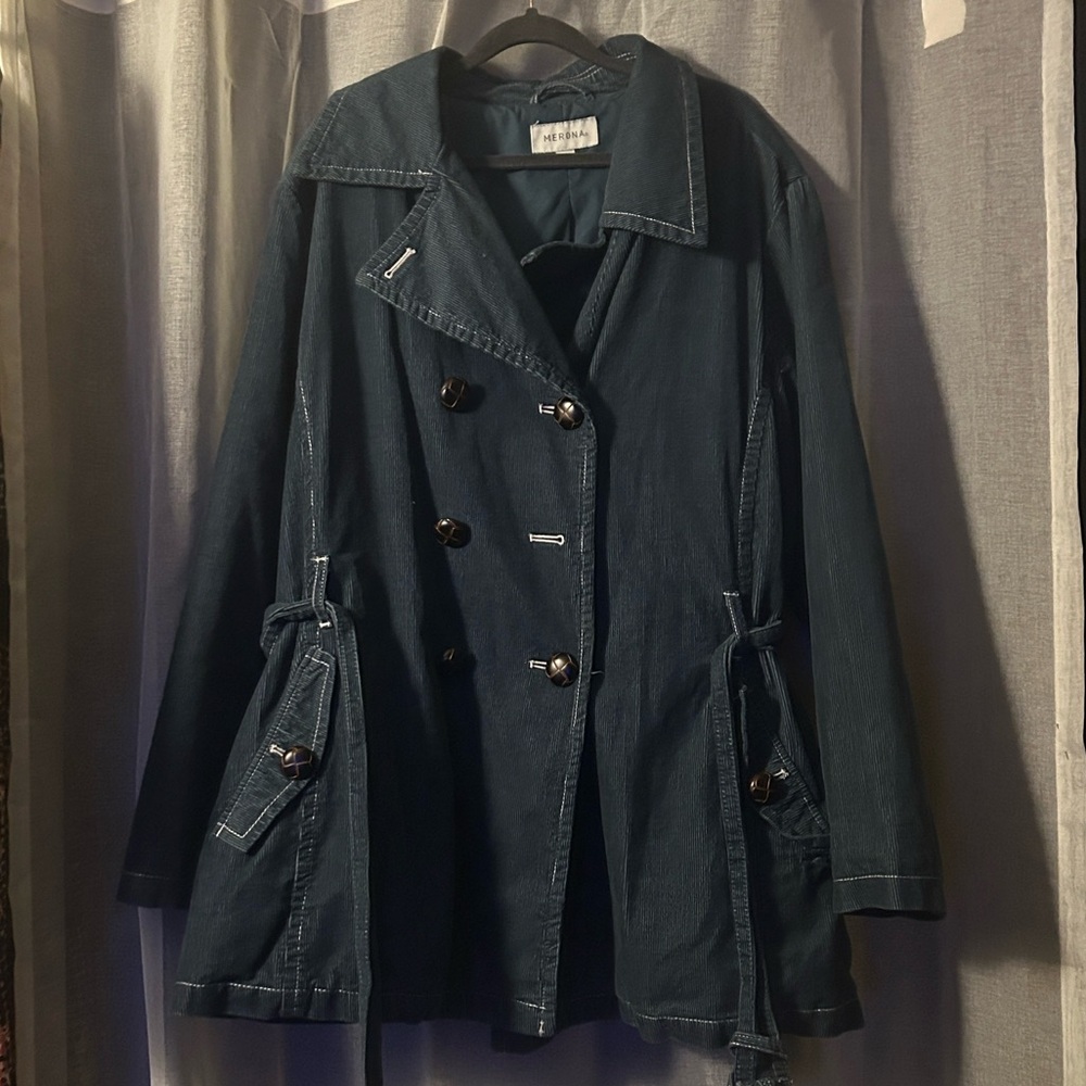 Vtg MERONA Navy Corduroy Double Breasted Trench Coat 24W/26W Plus HTF Rare Y2K